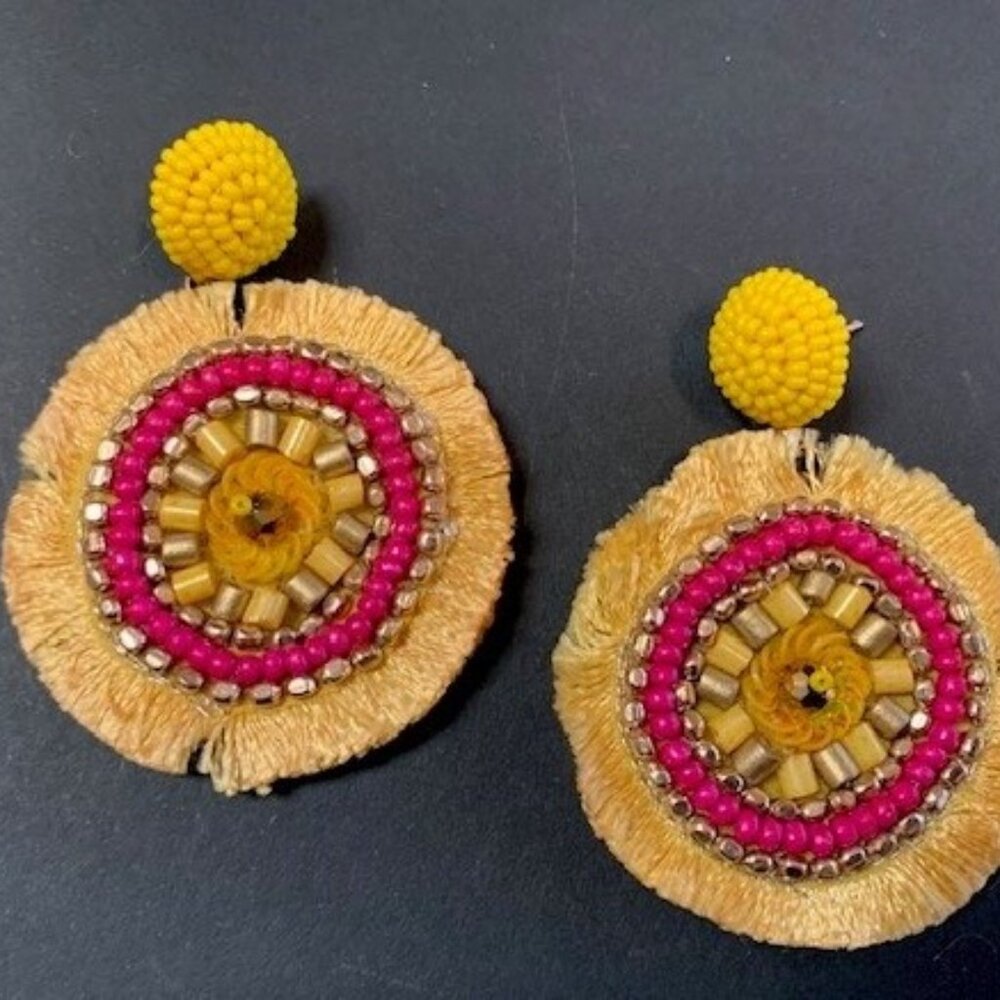 Hand-Beaded Boho "South Beach" Earrings with Sequins and Fringe Yellow 28301